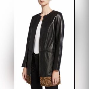 NWT NEIMAN MARCUS LEATHER COLLECTION LEOPARD PRINT TRIM 100% LEATHER COAT LONG